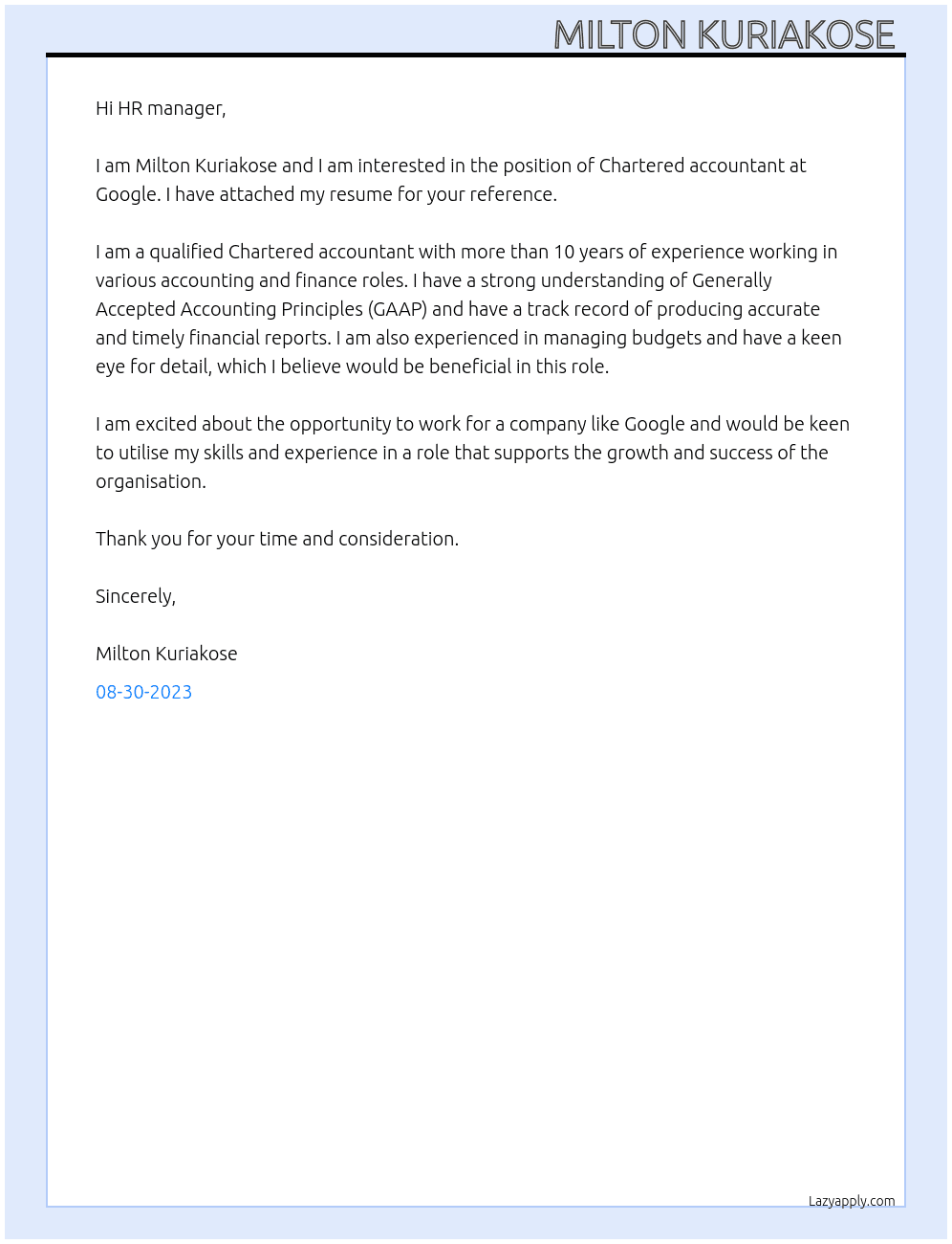 Chartered accountant  At Google  Cover Letter