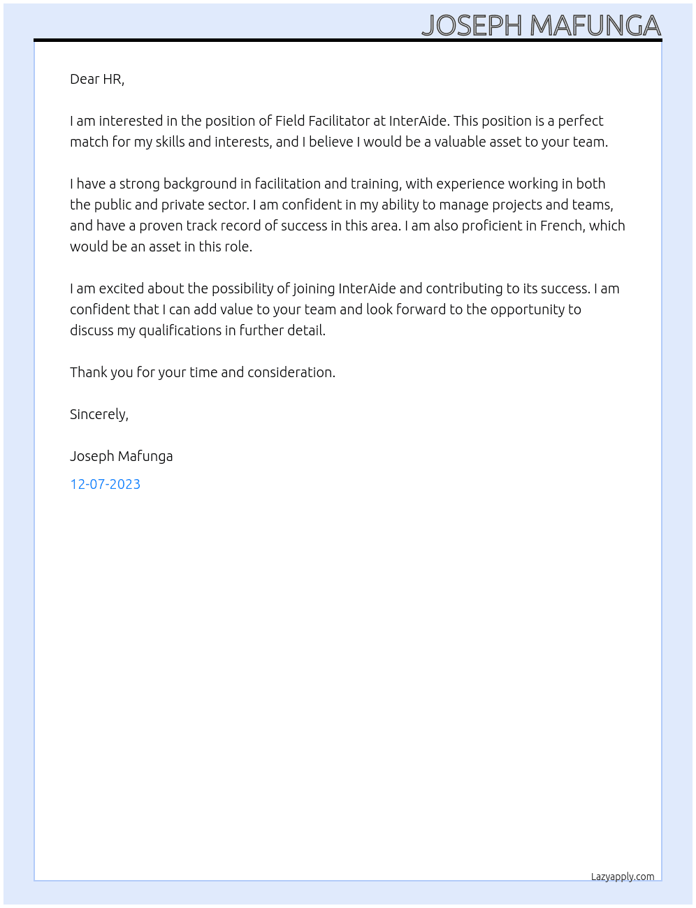 Field Facilitator At InterAide Cover Letter