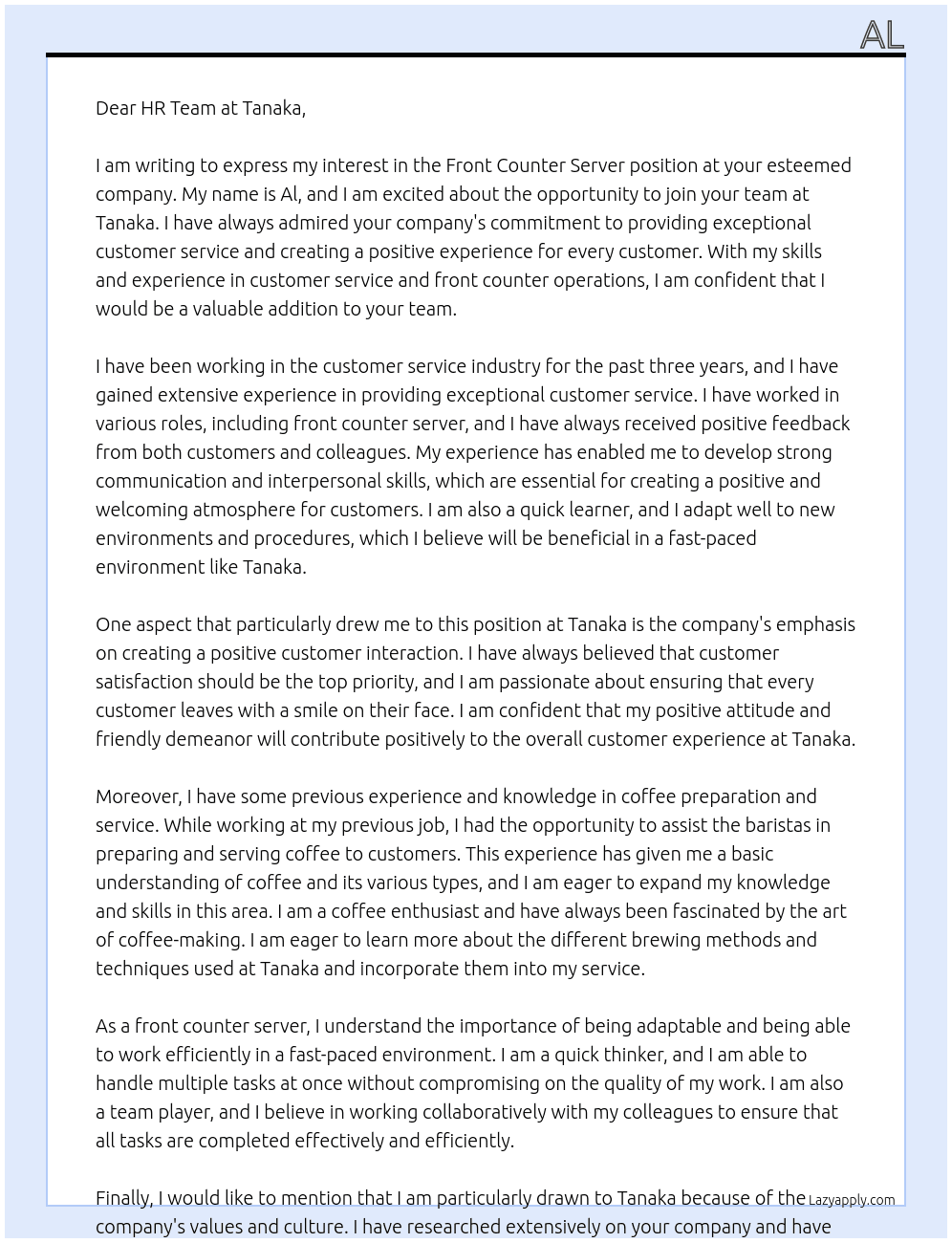 Front counter server At Tanaka  Cover Letter