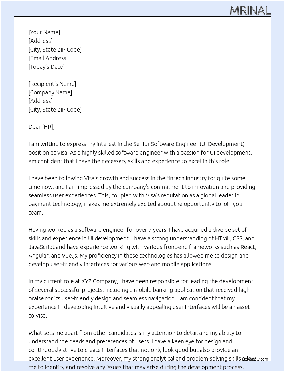 Sr. Software Engineer (UI Development) At Visa Cover Letter