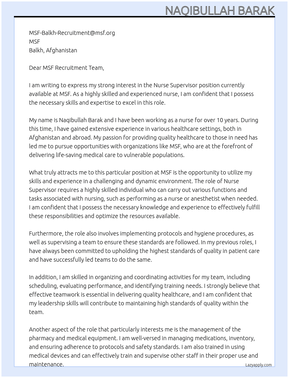 Nurse supervisor  At MSF Cover Letter