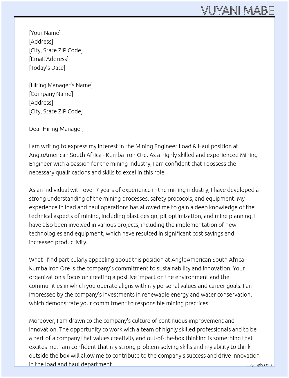 Cover letter for mining engineer load & haul - LazyApply