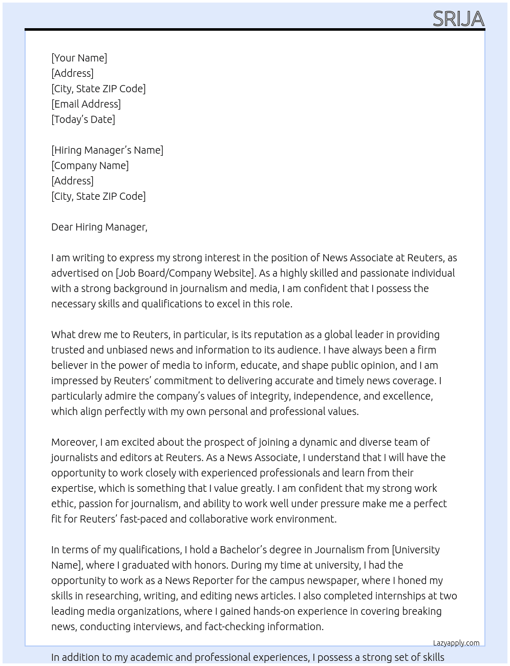 News Associate At Reuters Cover Letter