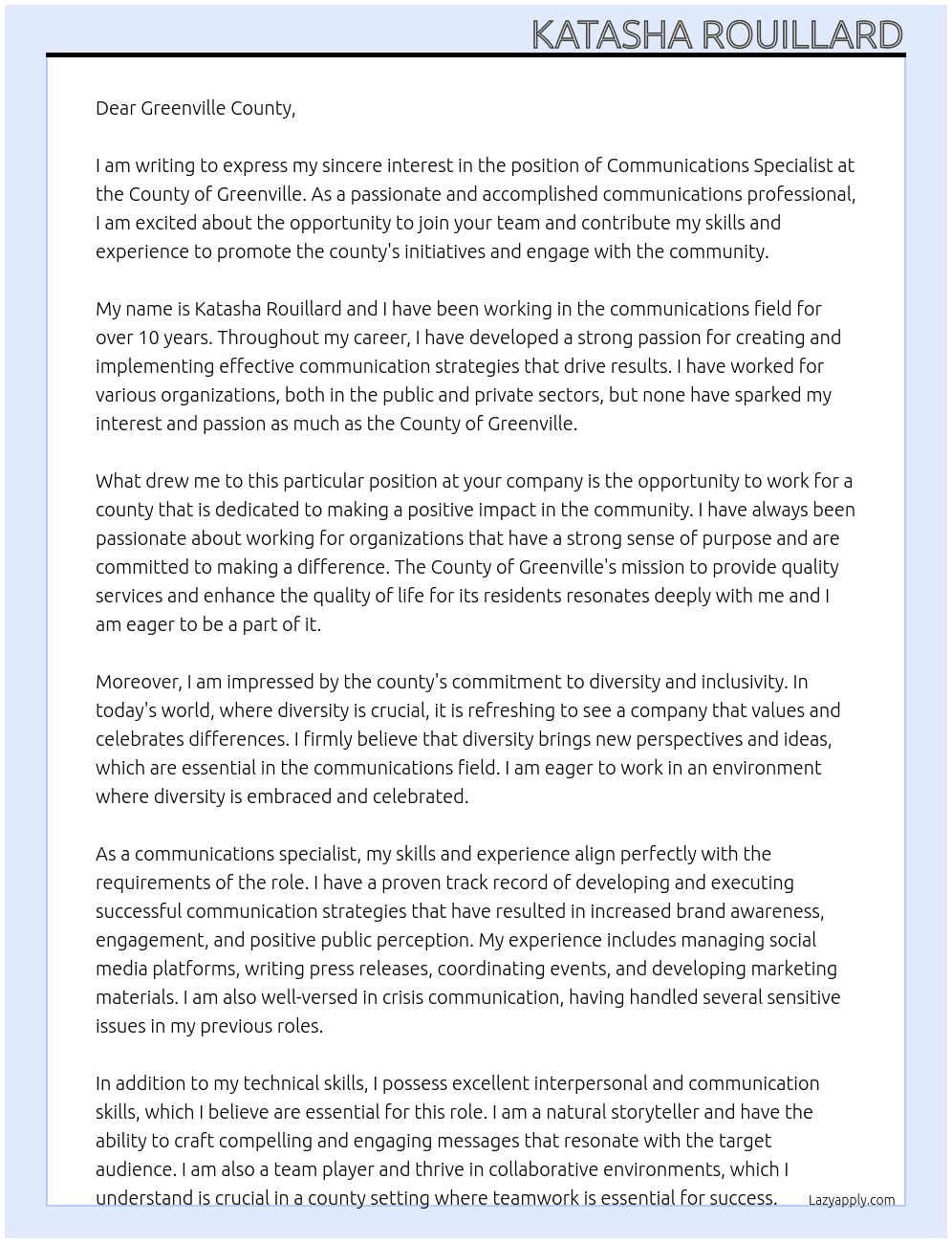 Communications Specialist At the County of Greenville Cover Letter