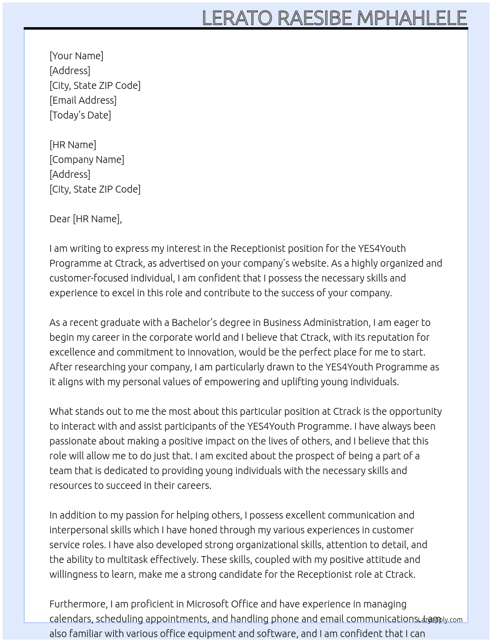 Receptionist YES4Youth Programme At Ctrack Cover Letter
