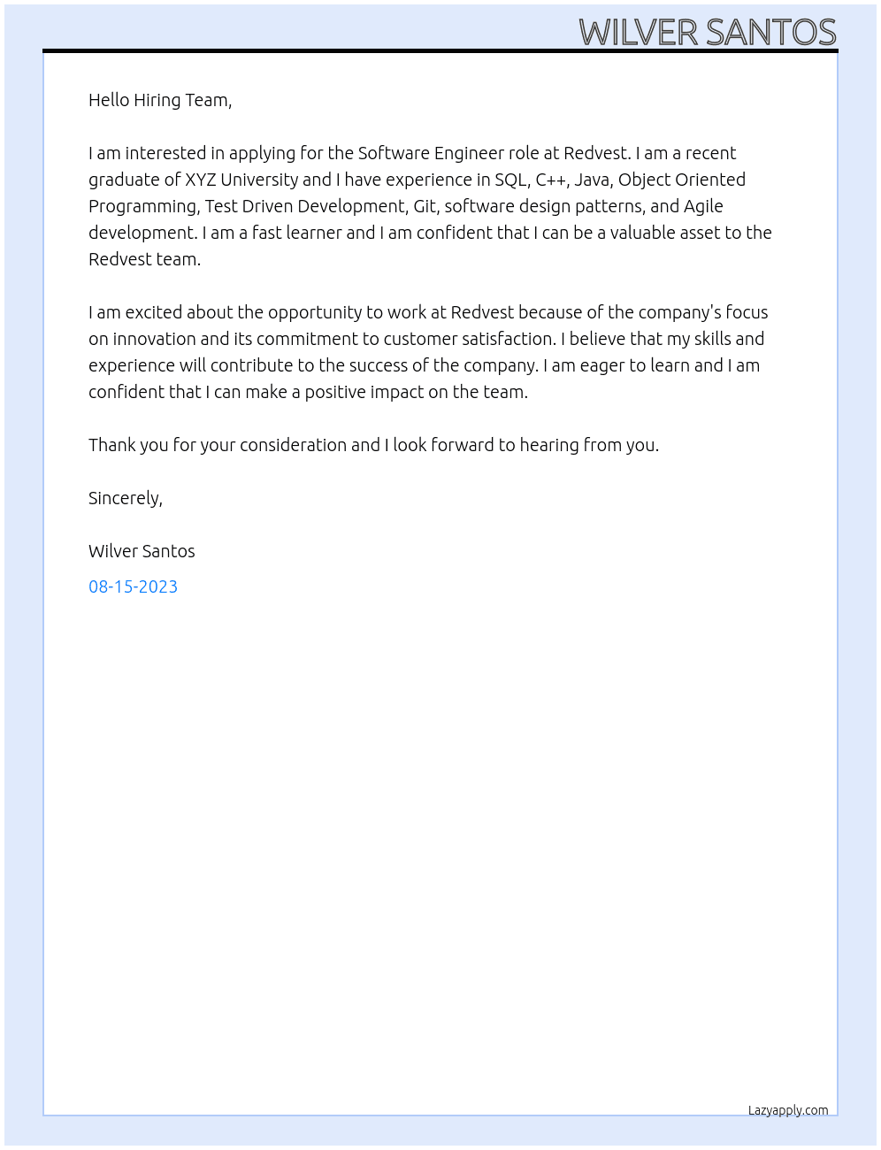 Software Engineer  At Redvest Cover Letter