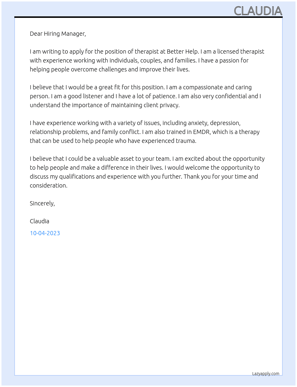 Therapist  At Better help  Cover Letter