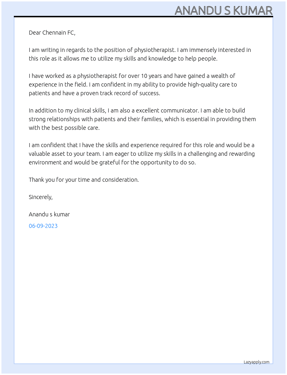 Physiotherapist At Chennain fc Cover Letter