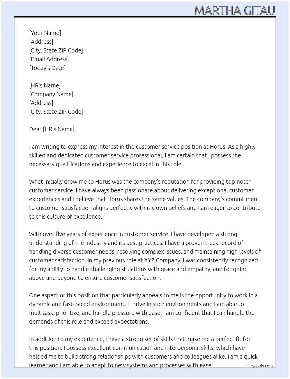 Customer service position At Horus Cover Letter