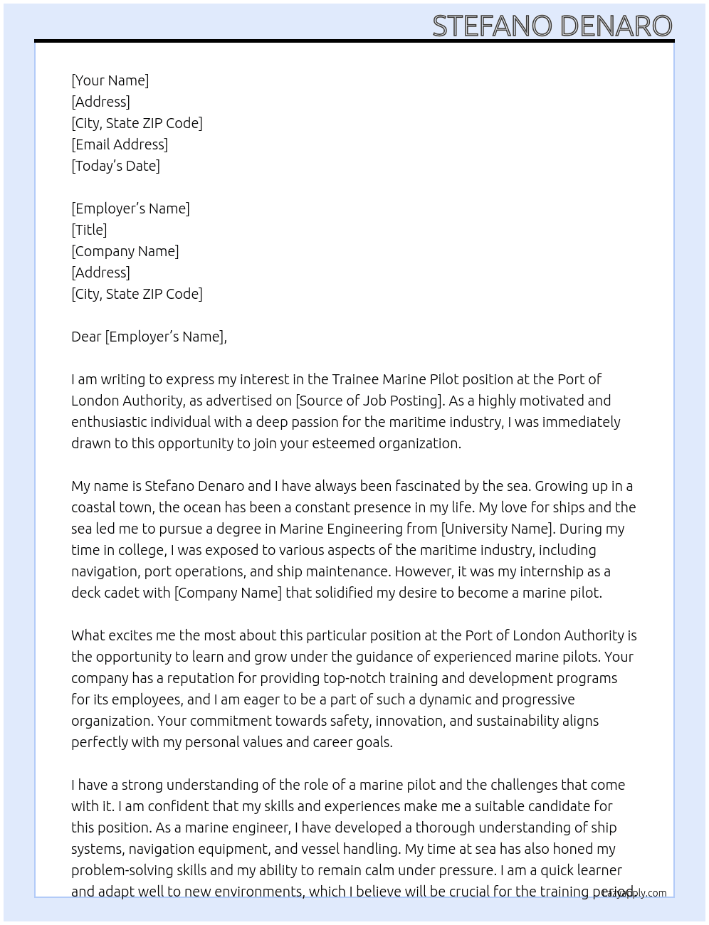 trainee marine pilot At port of london authority Cover Letter