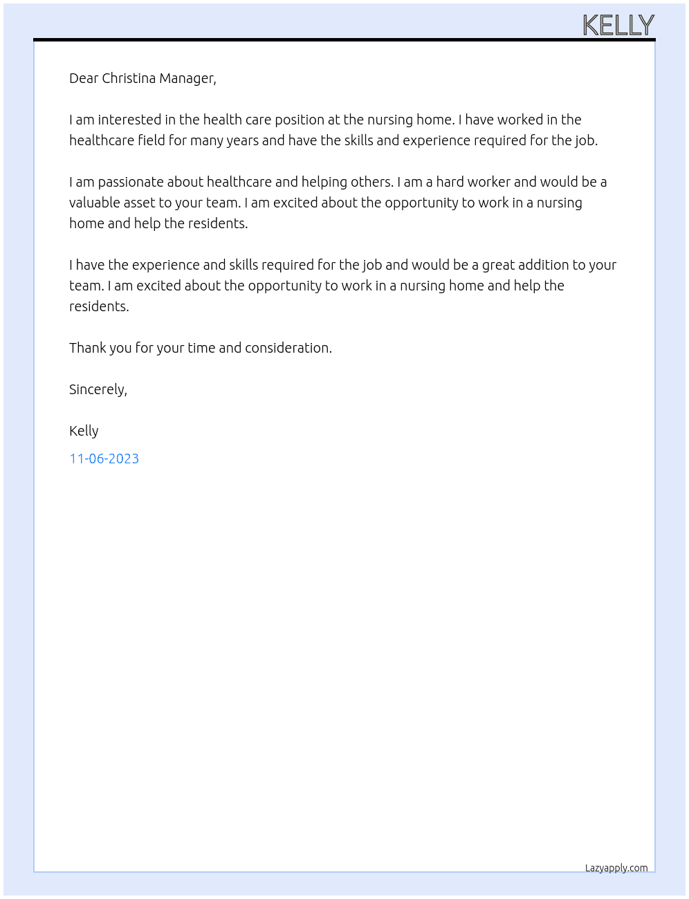 health care  At nursing home Cover Letter