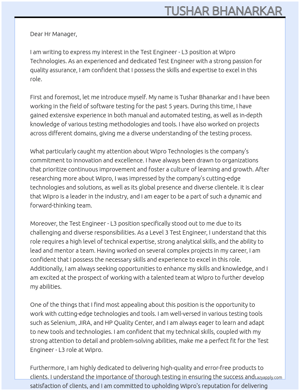 Cover letter for test engineer - l3 - LazyApply