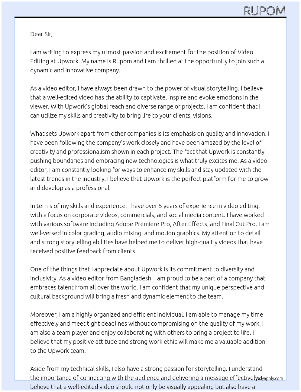 video Editing At upwork Cover Letter