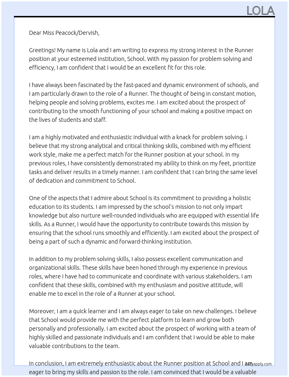 runner  At school Cover Letter