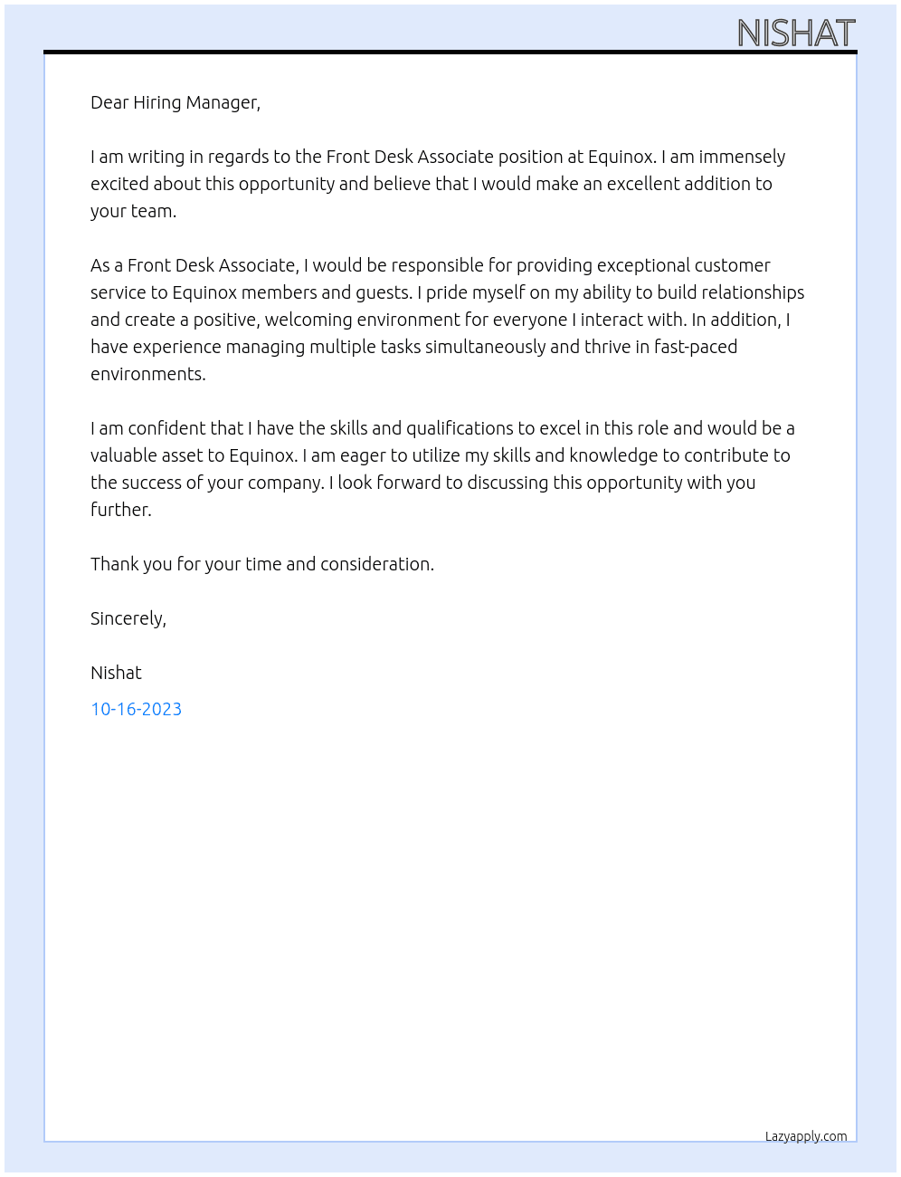 Front desk associate  At Equinox  Cover Letter