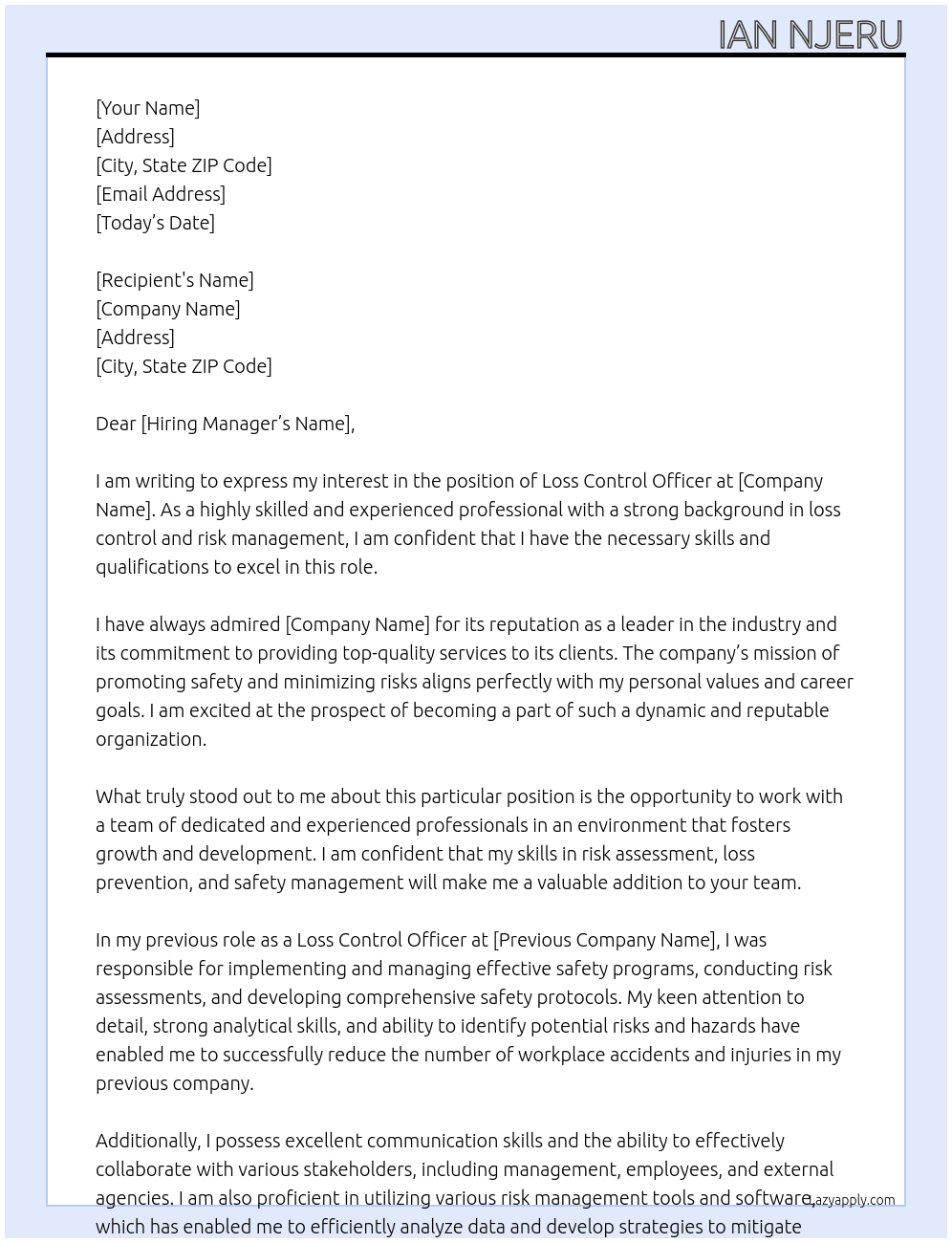 Loss control officer  At To whoever it may concern  Cover Letter