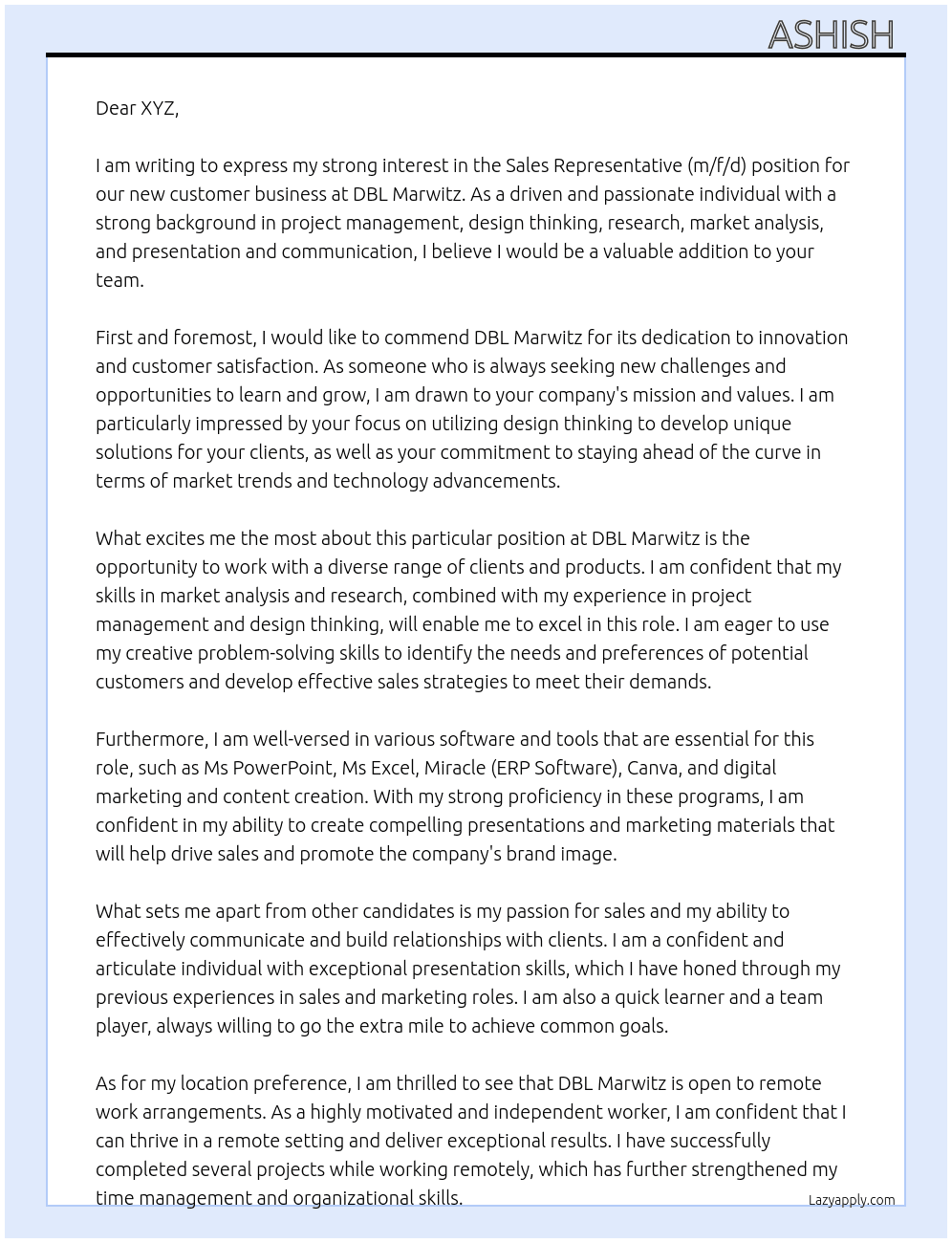 Sales representative (m/f/d) for our new customer business - part-time and home office At DBL Marwitz Cover Letter