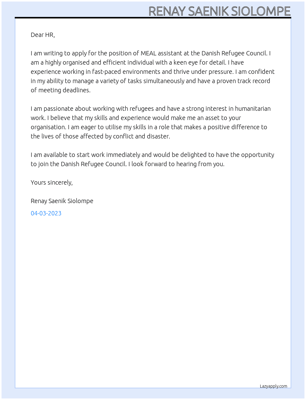 MEAL assistant At Danish Refugee Council Cover Letter