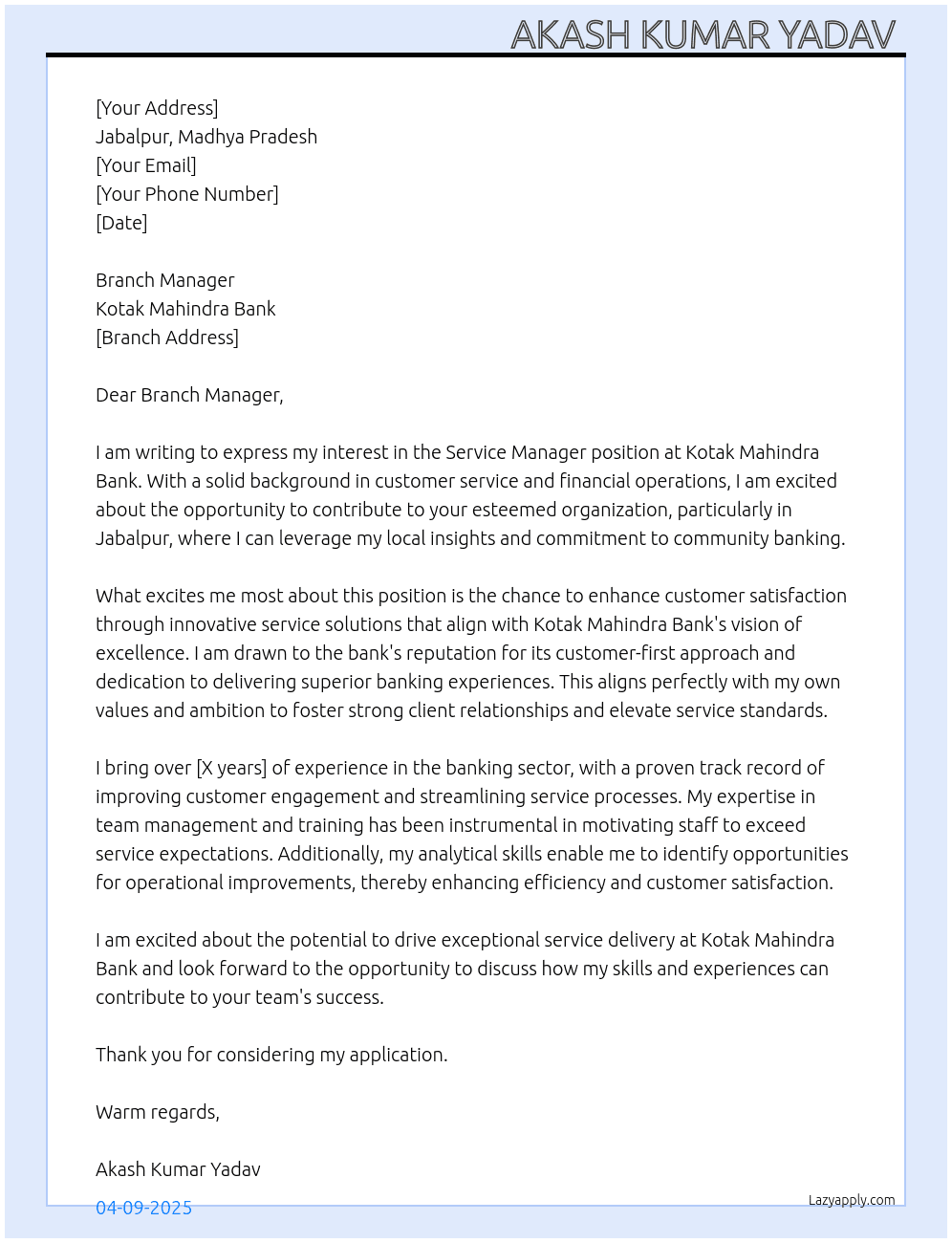 Service Manager  At Kotak Mahindra Bank  Cover Letter