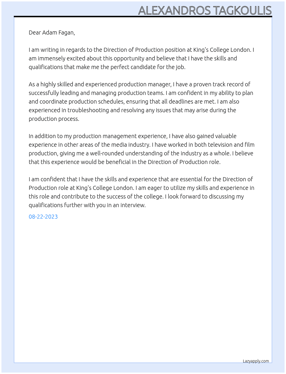 Direction of Production At King's College London  Cover Letter