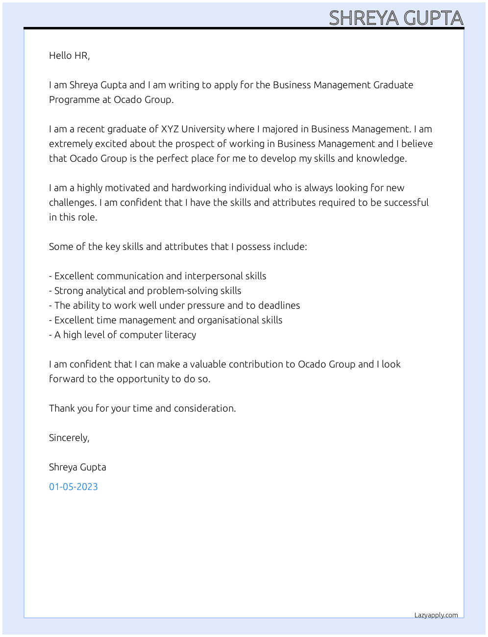 Cover letter for business management graduate programme - LazyApply