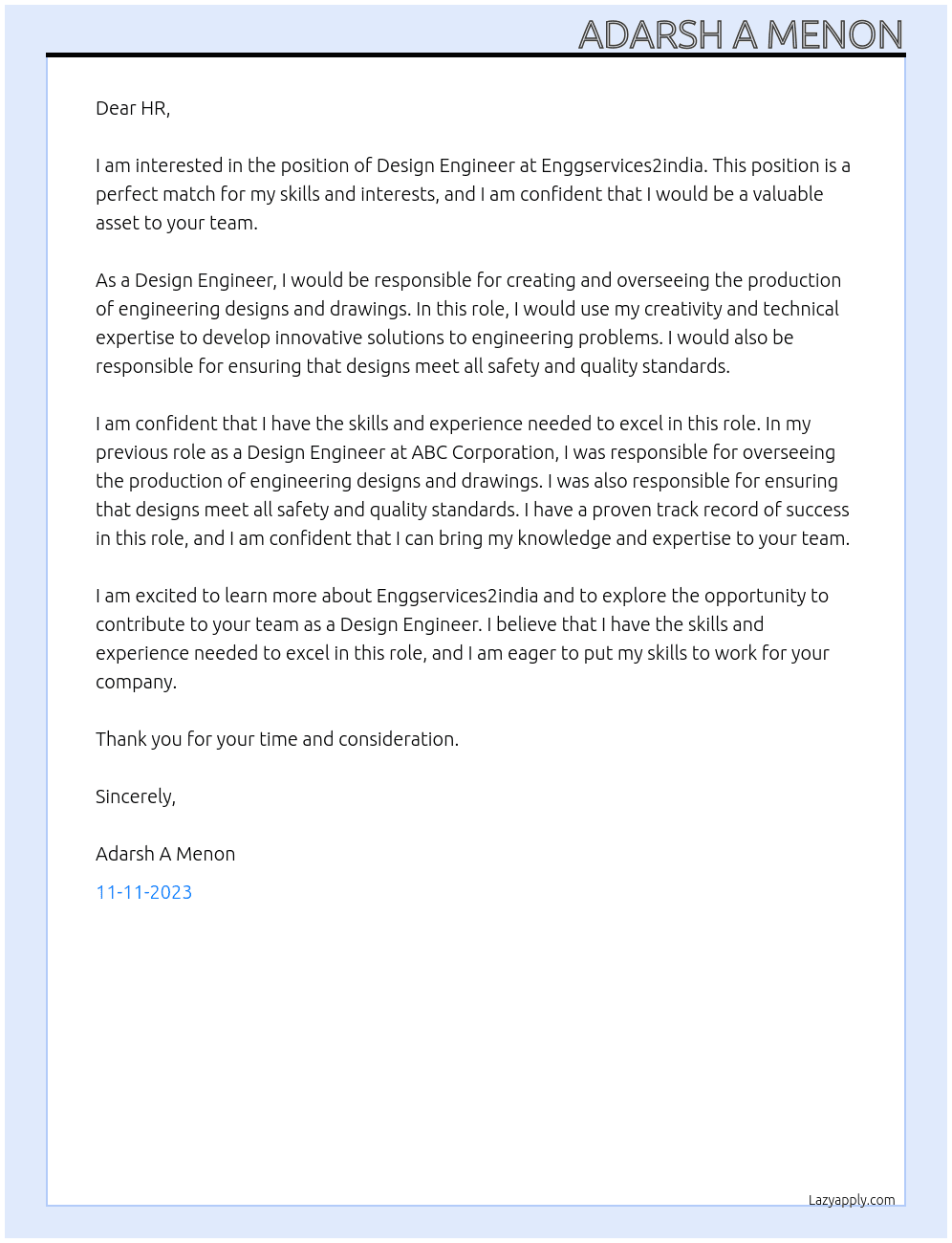 Design Engineer At Enggservices2india  Cover Letter