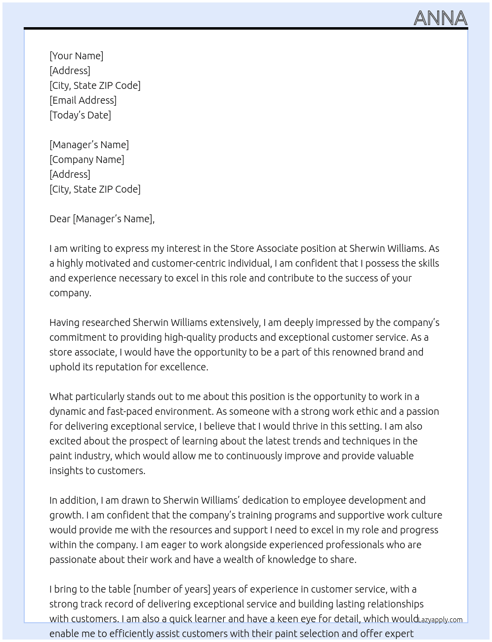 store associate At sherwin williams Cover Letter