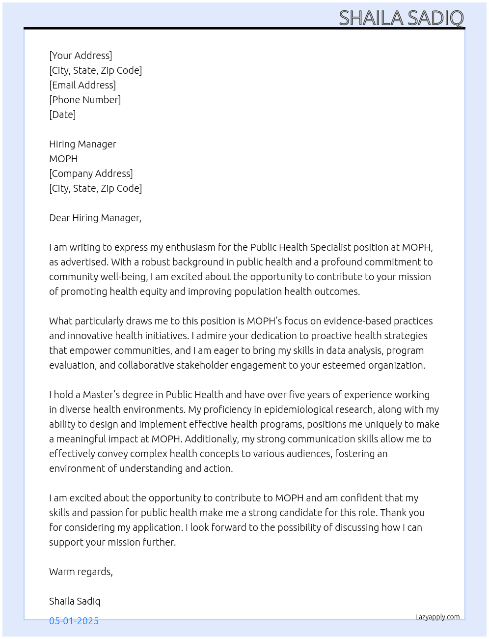 Public Health Specialist At MOPH Cover Letter