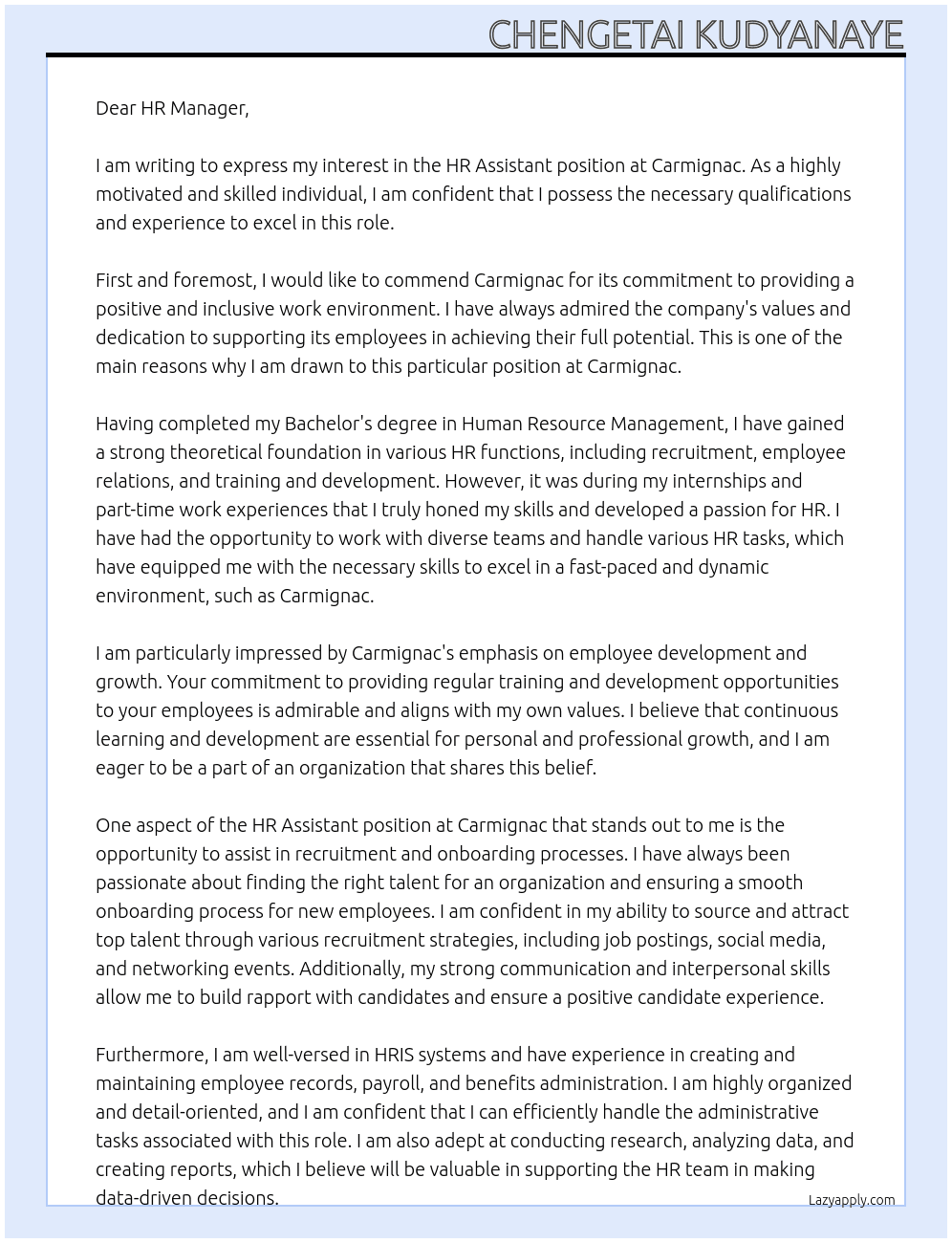Hr Assistant  At Carmignac Cover Letter