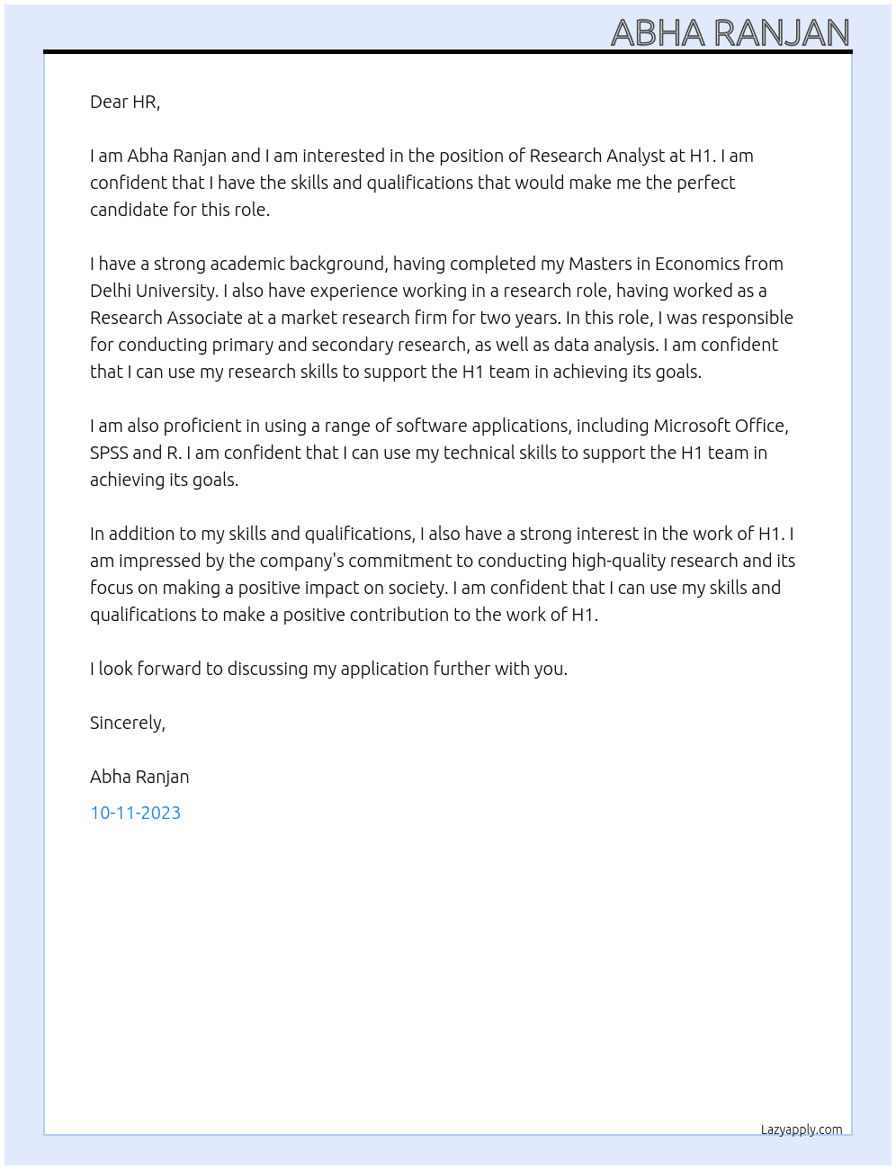 Research Analyst At H1 Cover Letter