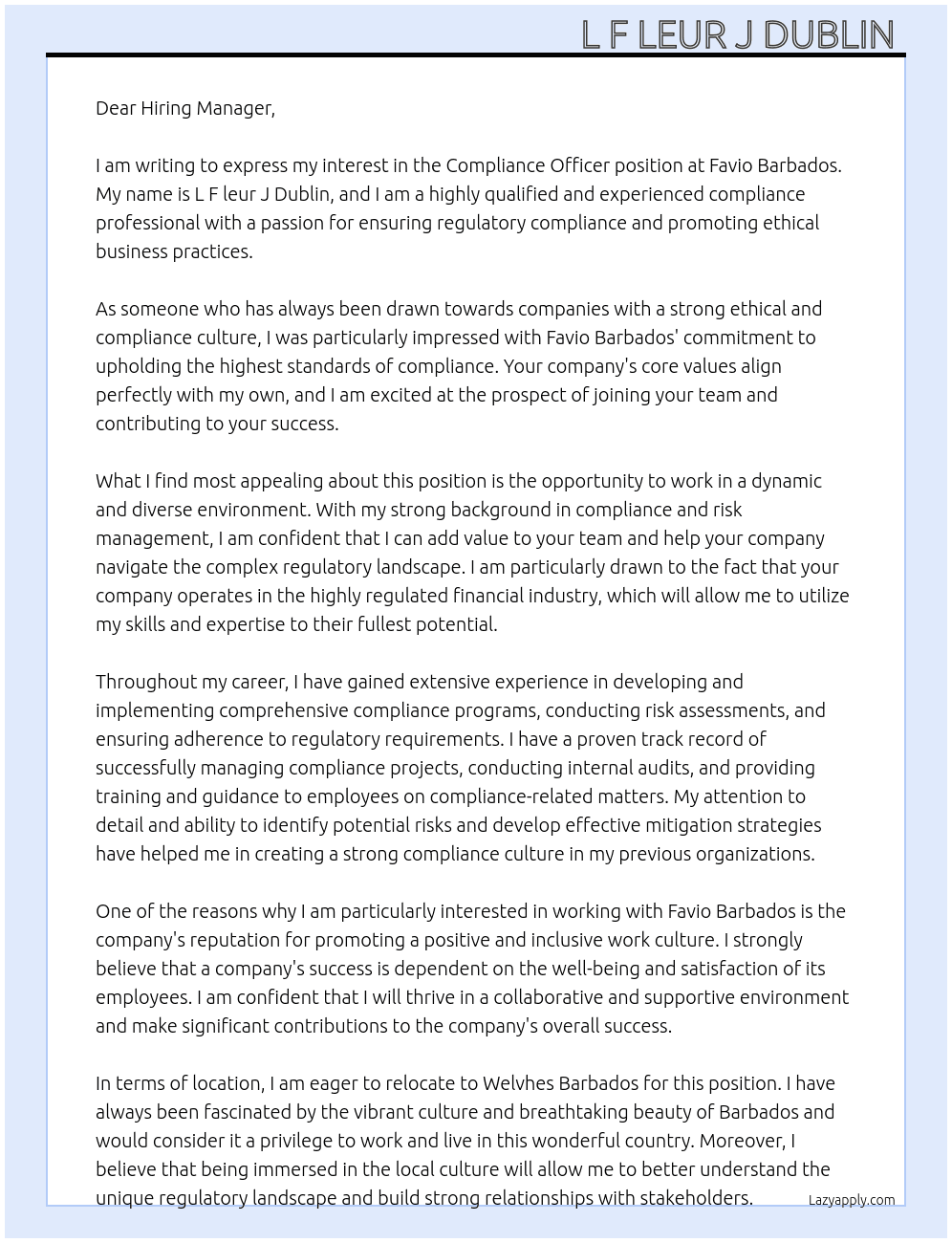 Compliance Officer  At Favio Barbados Cover Letter