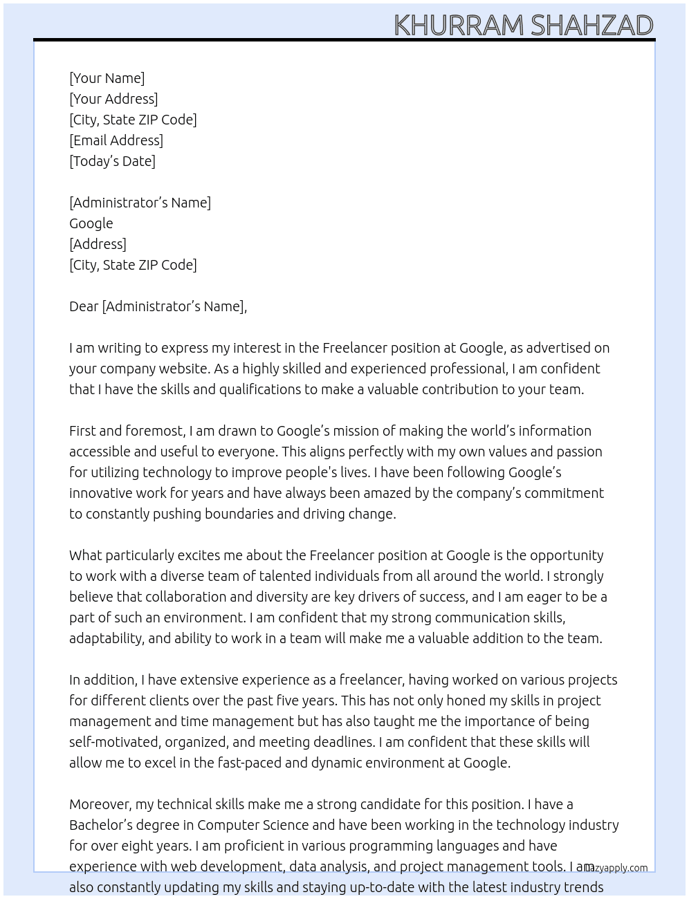 Freelancer At Google Cover Letter