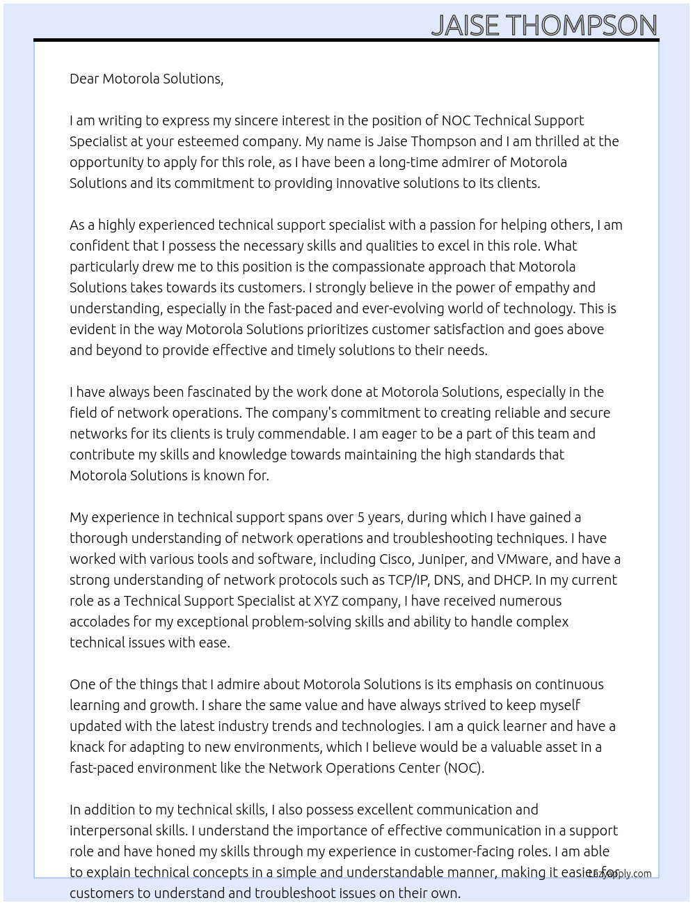 NOC Technical Support Specialist At Motorola Solutions Cover Letter