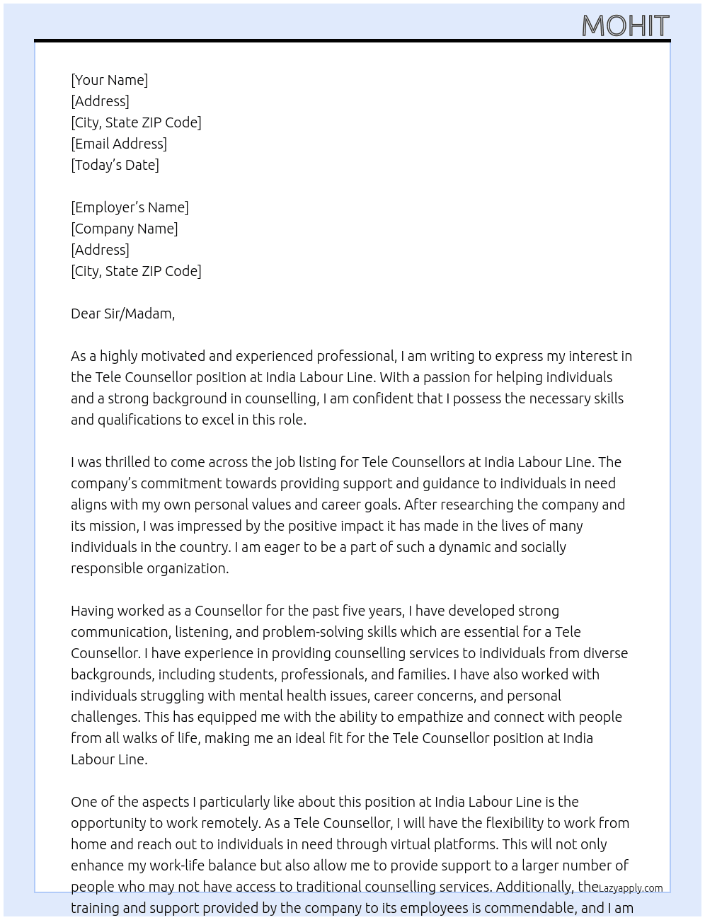 Tele Counsellors  At India Labour Line Cover Letter