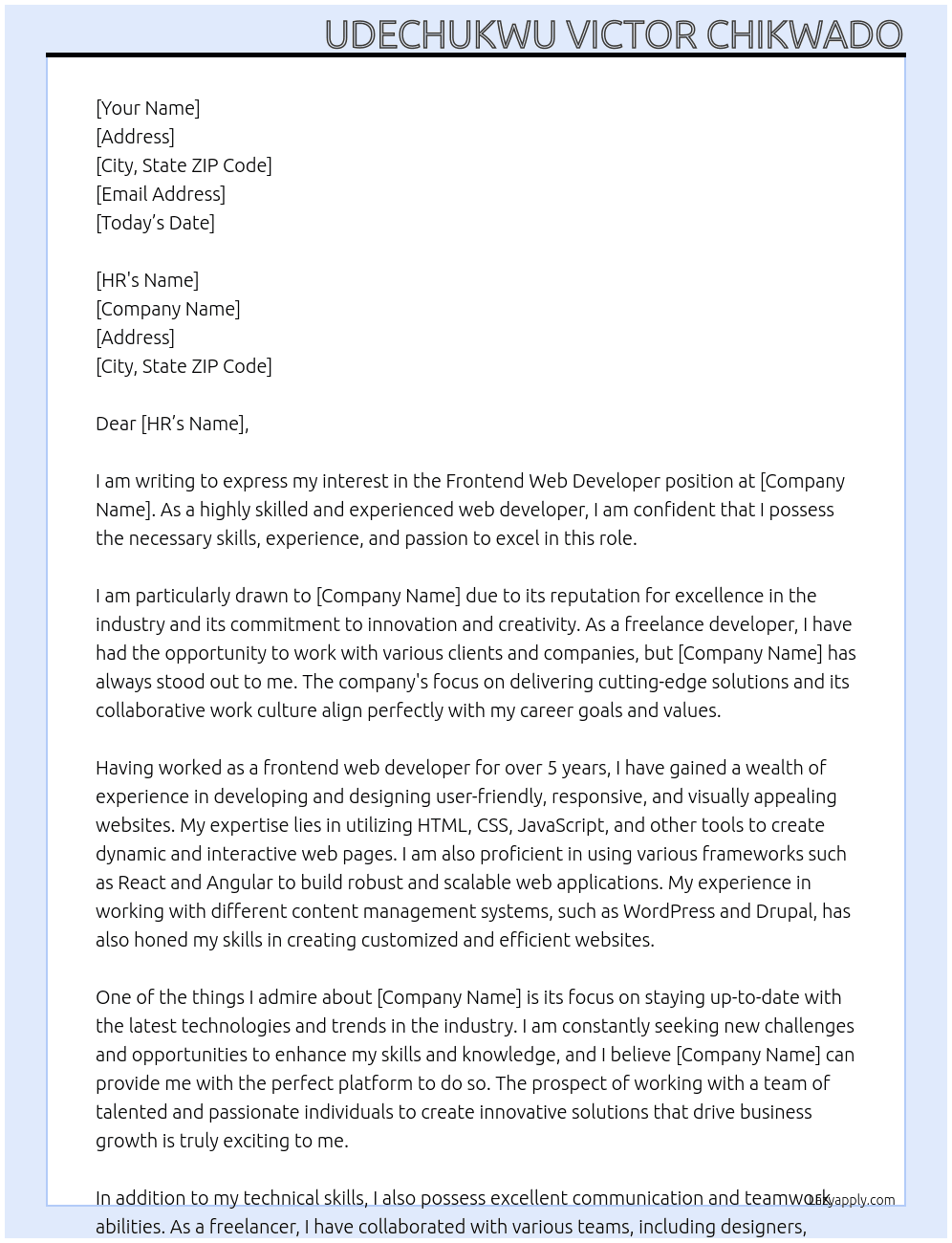 frontend web developer At freelance Cover Letter