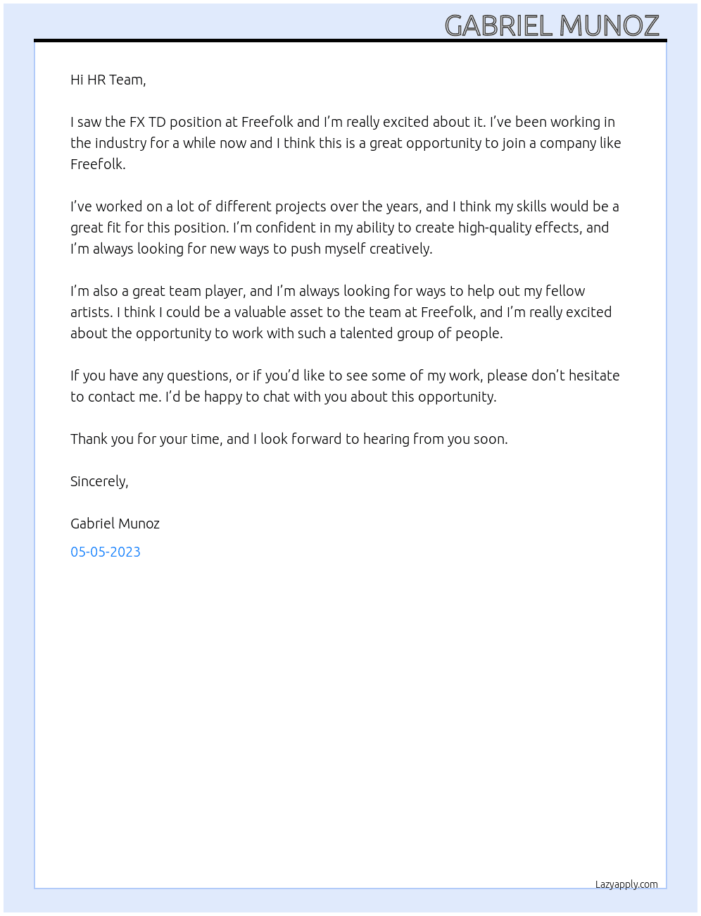 FX TD At Freefolk Cover Letter