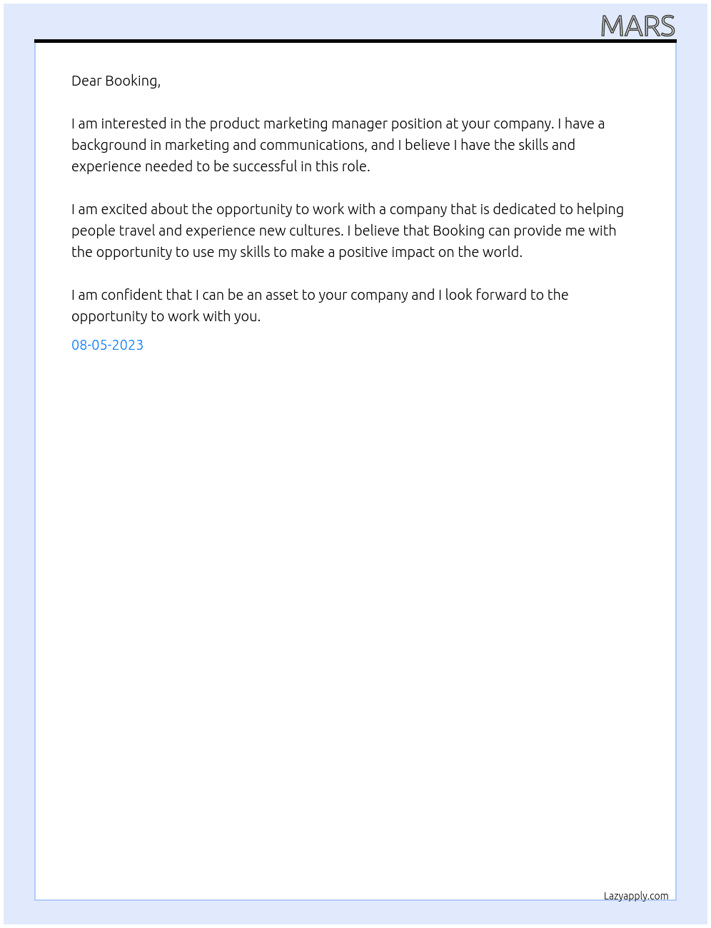 product marketing manager At Booking Cover Letter