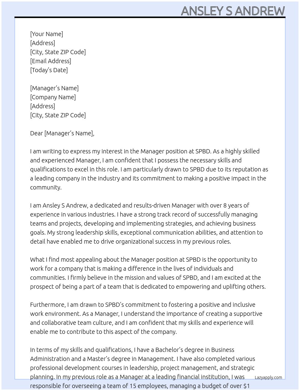 Manager At SPBD Cover Letter