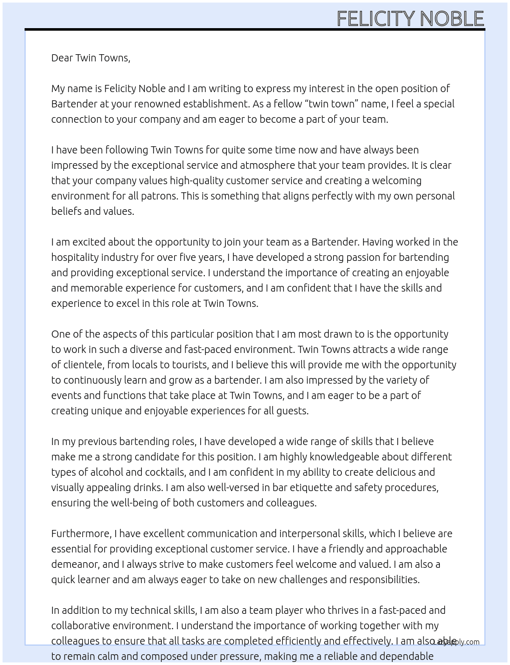 Bartender At twin towns Cover Letter