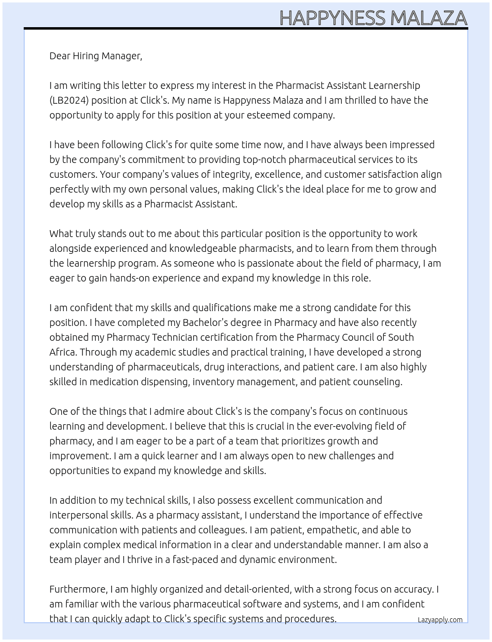 Pharmacist Assistant Learnership (LB2024) At Click's Cover Letter
