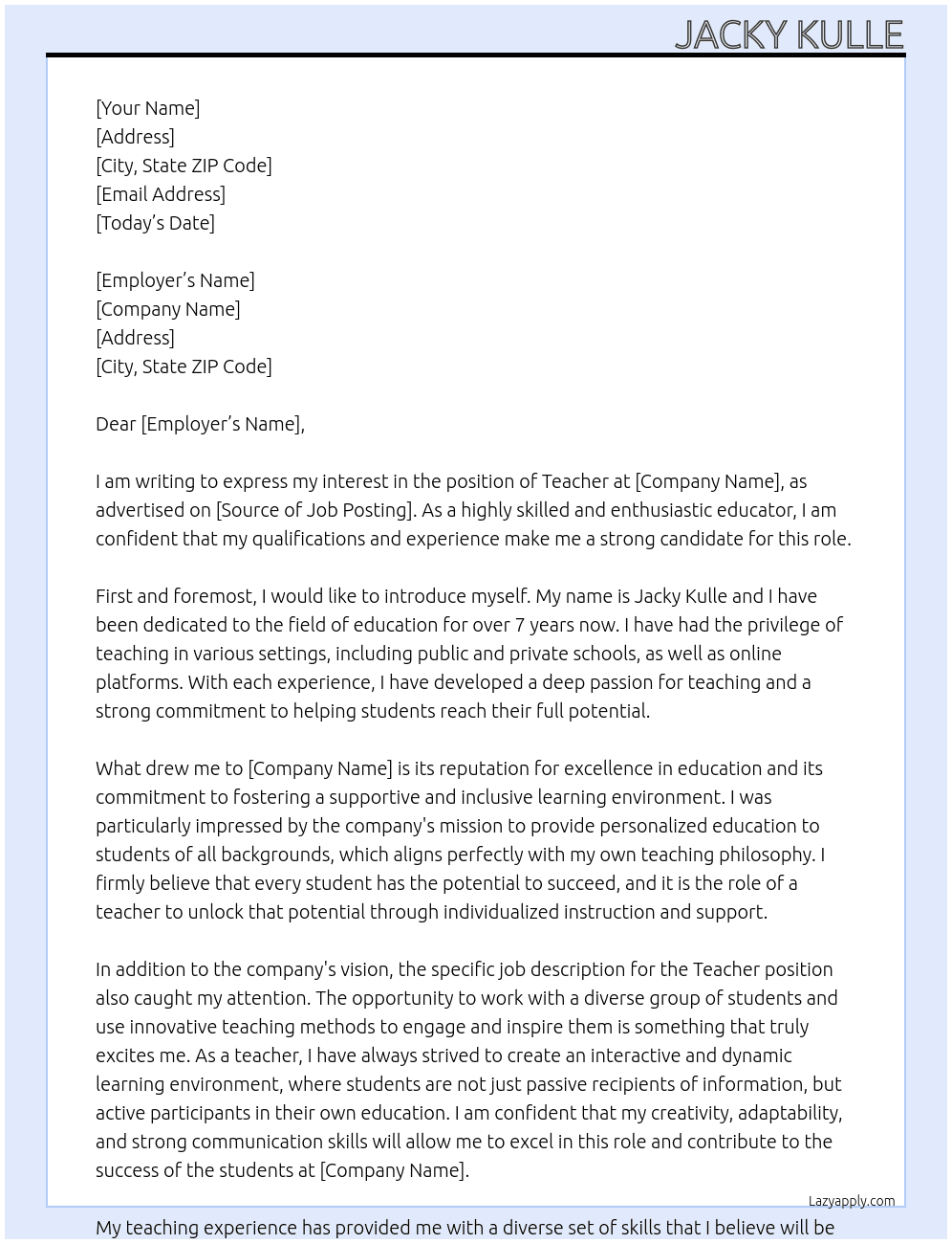 TEACHER At jacky kulle Cover Letter