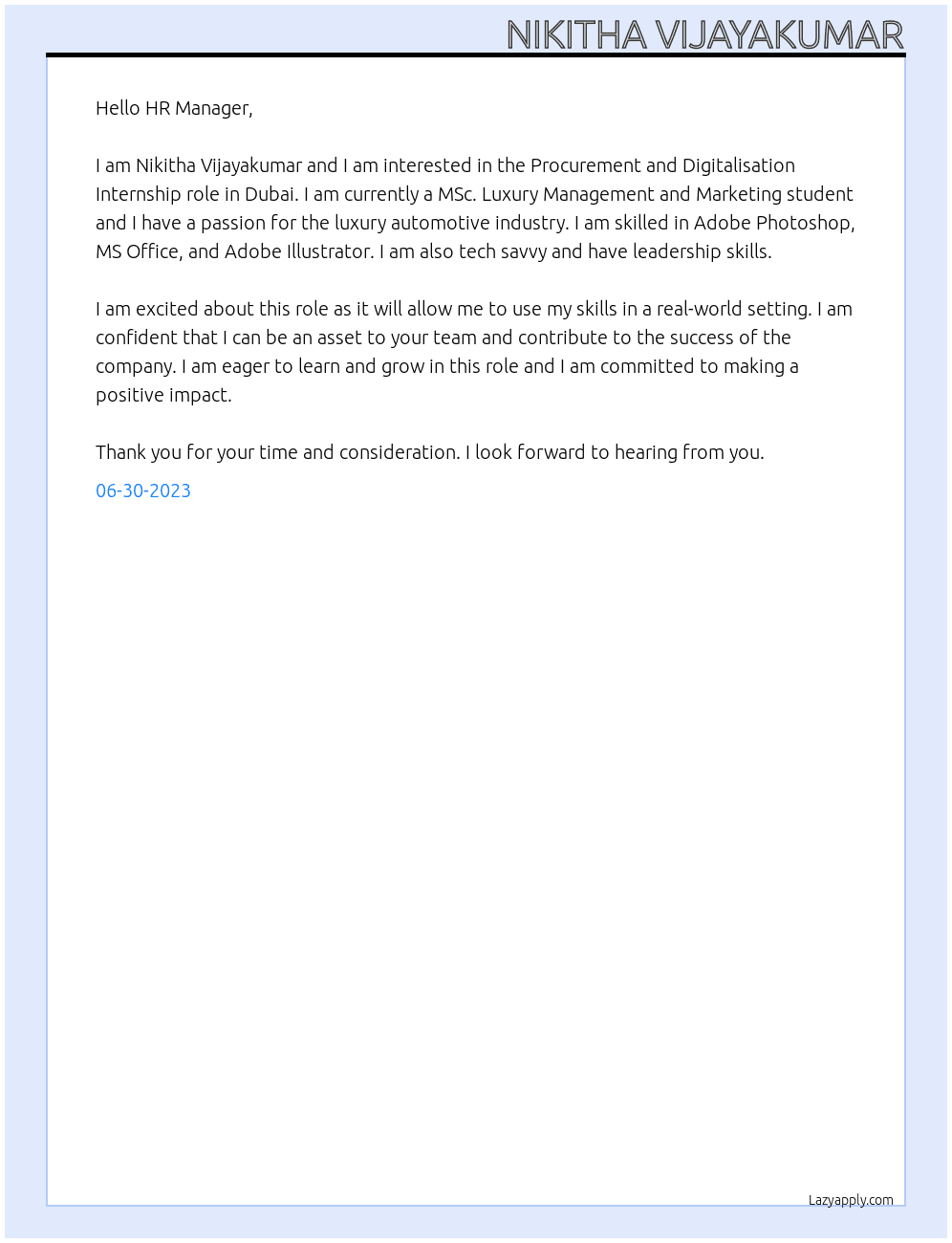 Procurement and Digitalisation Internship – FINANCE At Porsche Cover Letter