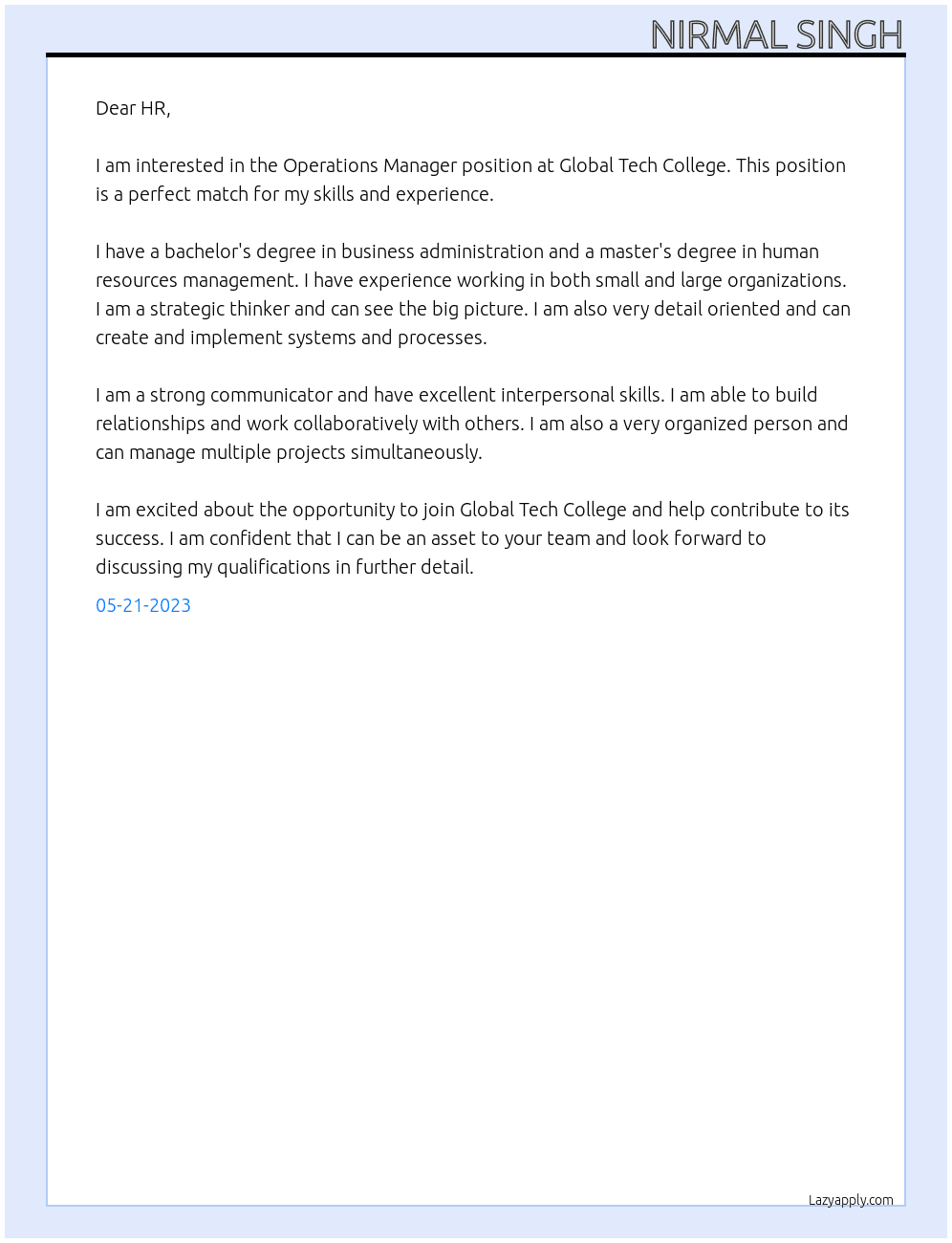 Operations Manager At Global Tech College Cover Letter