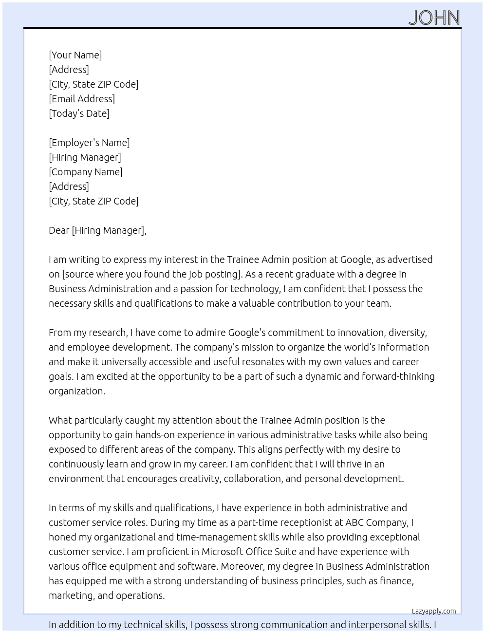 Cover letter for trainee admin - LazyApply