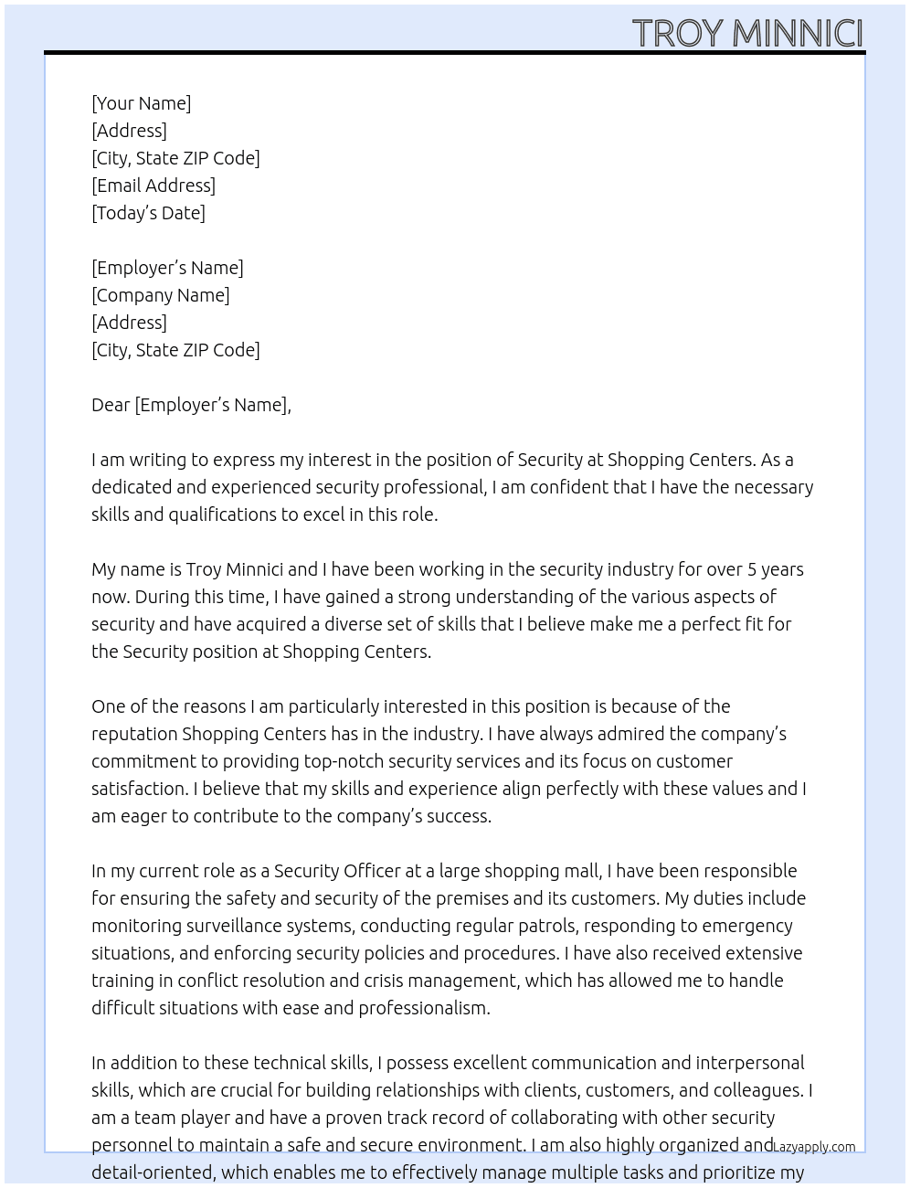 security At shopping centers Cover Letter