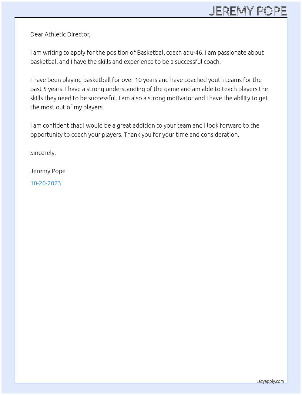 Basketball coach At u-46 Cover Letter