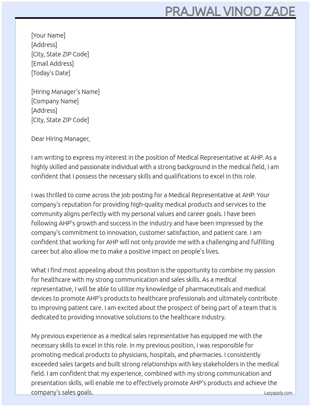 medical representative At AHP Cover Letter