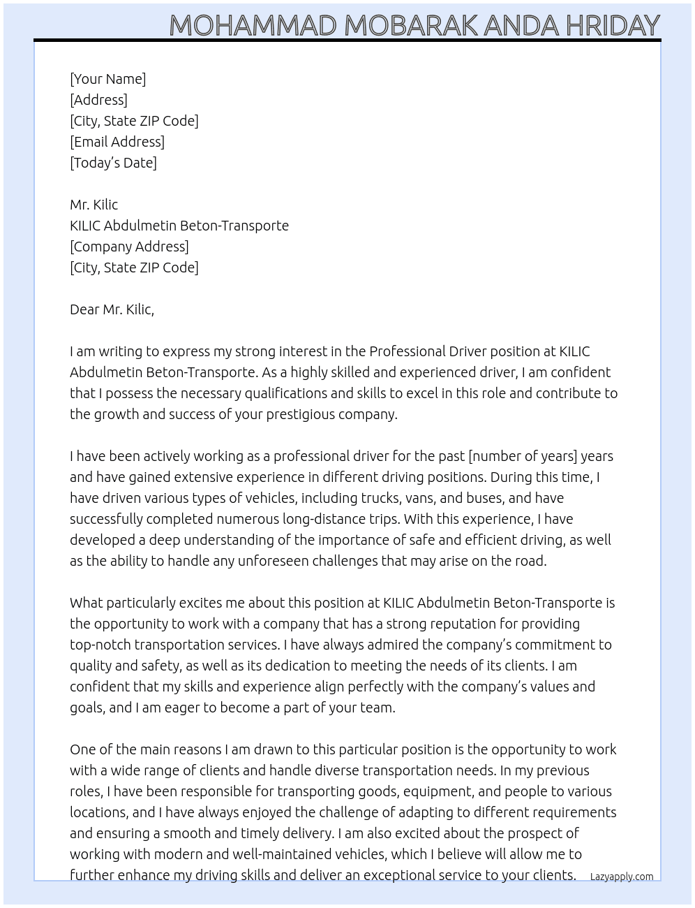 Professional driver At KILIC Abdulmetin Beton-Transporte  Cover Letter