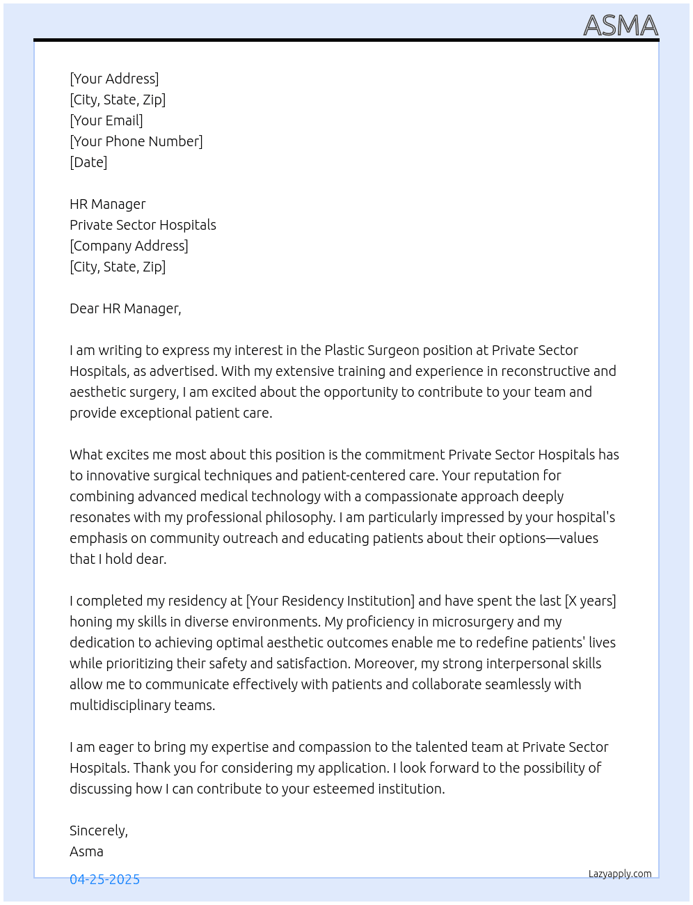 PLASTIC SURGEON At PRIVATE SECTOR HOSPITALS Cover Letter