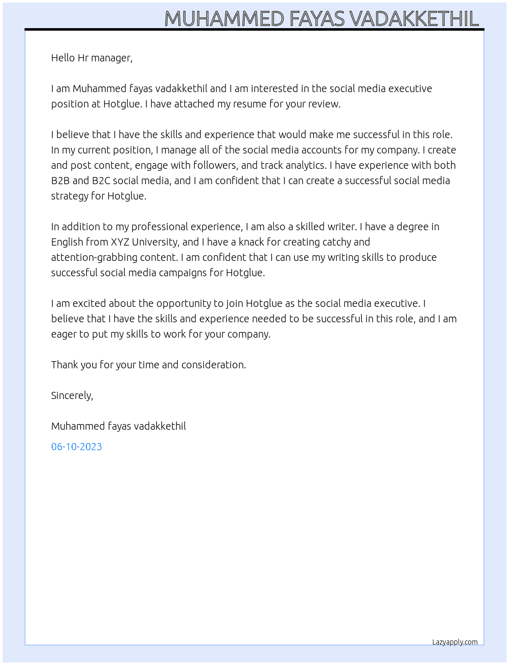 Social media executive  At Hotglue Cover Letter